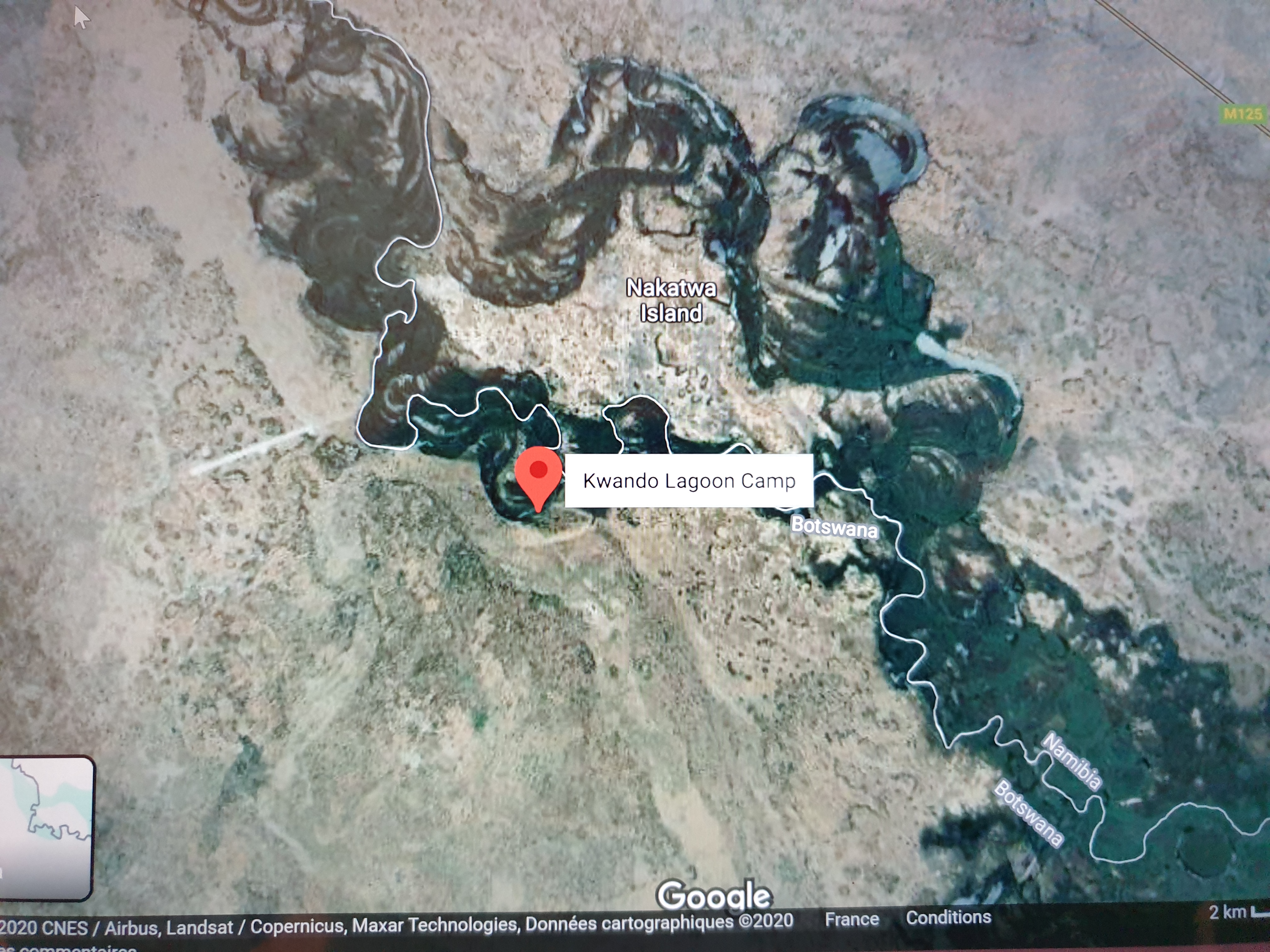 Carte Google situant le camp de Kwando lagoon, implanté au bord d'un bras de la rivière Kwando. 